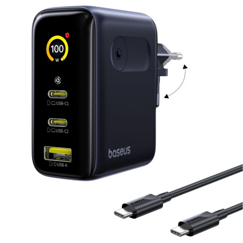 МЗП BASEUS PicoGo AE21 2PD+USB 100W + cable Type-C to Type-C 100w 1.5m Black фото товару МЗП BASEUS PicoGo AE21 2PD+USB 100W + cable Type-C to Type-C 100w 1.5m Black