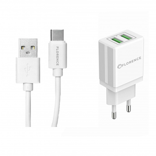фото товару МЗП FLORENCE 2USB 2A + Type-C cable white (FL-1021-WT)
