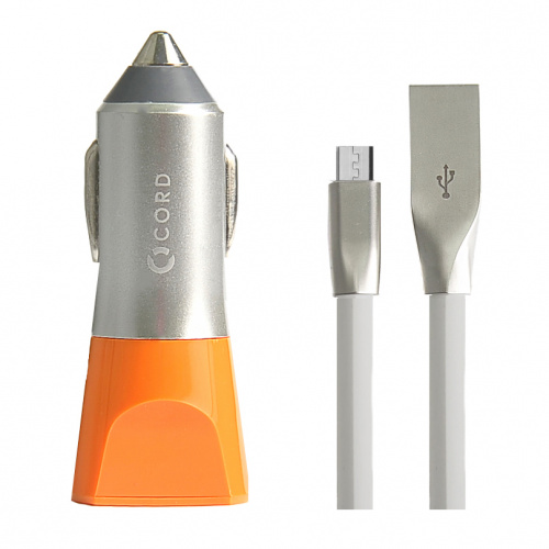 фото товару АЗП Cord Nova 2USB 2.1A + microUSB cable Silver orange (CC-1U021O-M)