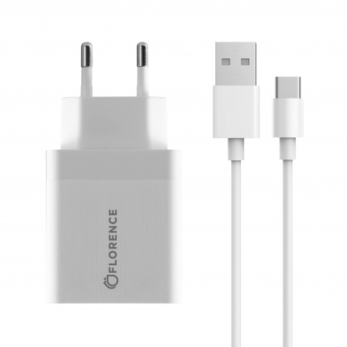 фото товару МЗП FLORENCE 1USB QC 3.0 + Type-C cable White (FL-1050-WT)