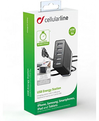 фото товару Зарядная станция Cellularline 5USB QC3.0 с подставкой black (ACHUSB5QUAL9AK)