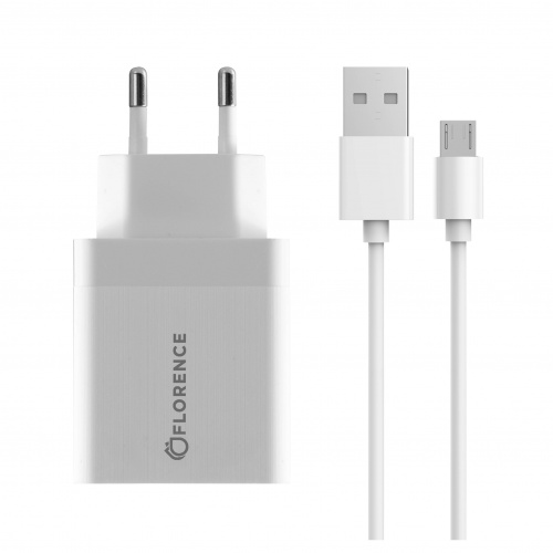 фото товару МЗП FLORENCE 1USB QC 3.0 + microUSB cable White (FL-1050-WM)