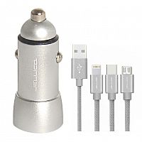 фото товару АЗУ Jellico JC32 2USB 3.1A Silver + cable 3в1 (microUSB,lightning,Type-C)