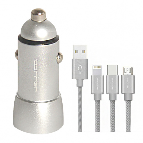 фото товару АЗУ Jellico JC32 2USB 3.1A Silver + cable 3в1 (microUSB,lightning,Type-C)